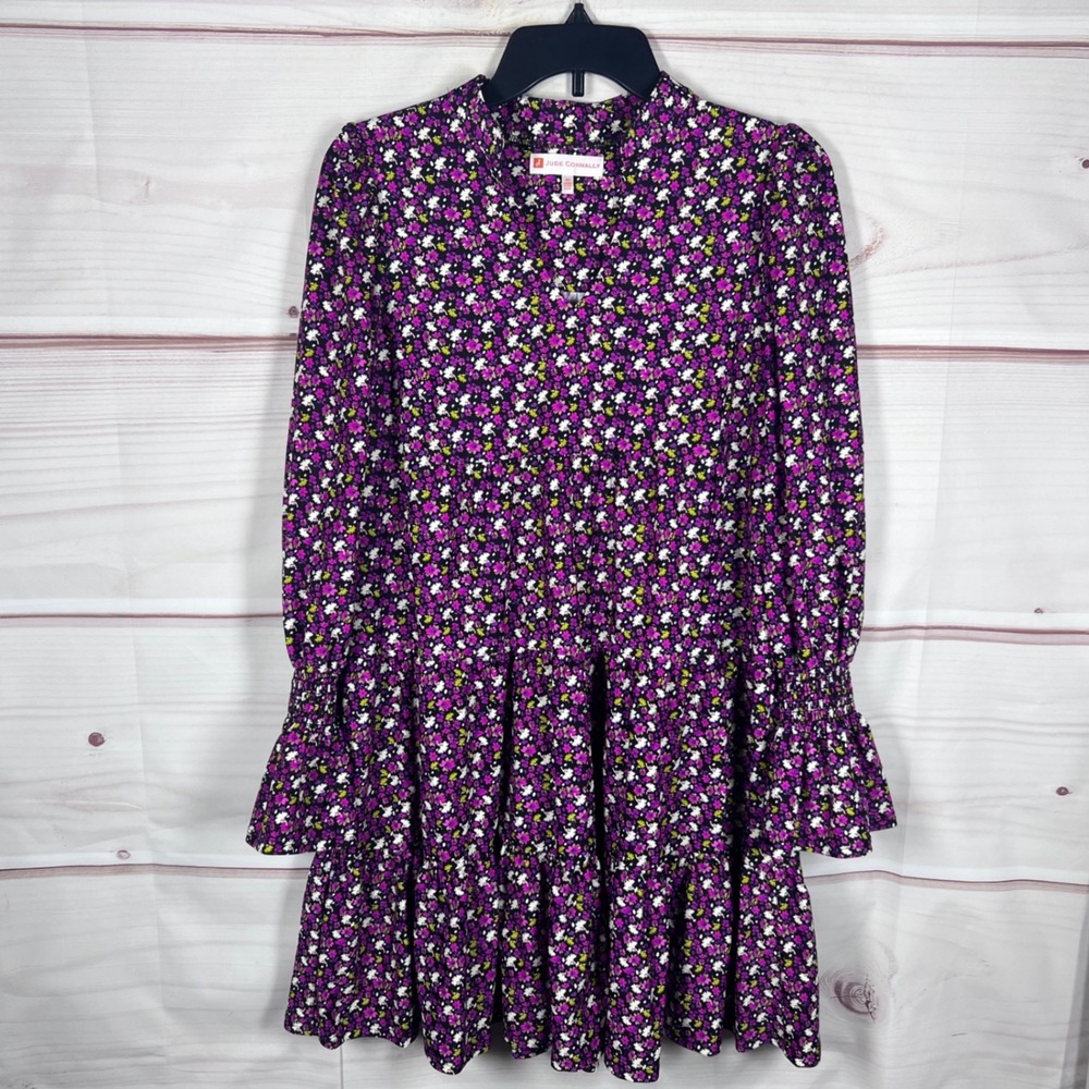 Jude Connally Dress Womens XS Purple Floral Tiered Ruffle Long Sleeve Jude Cloth